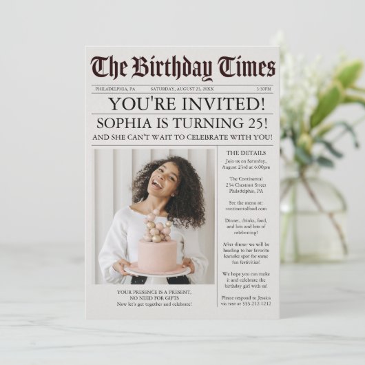 Uitnodiging voor unieke Newspaper Birthday Party (Staand voorkant)
