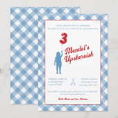 Uitnodiging voor Upsherin in Blauw Gingham met Rod (Voorkant / Achterkant)