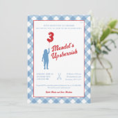 Uitnodiging voor Upsherin in Blauwe Gingham met Ro (Staand voorkant)