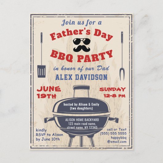 Uitnodiging voor vaderdag BBQ-feest in vintage sti (Voorkant)