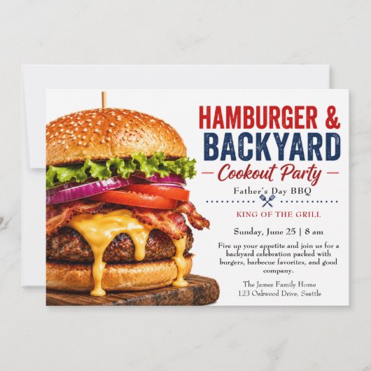 Uitnodiging voor Vaderdag BBQ – sappige hamburger (Voorkant)