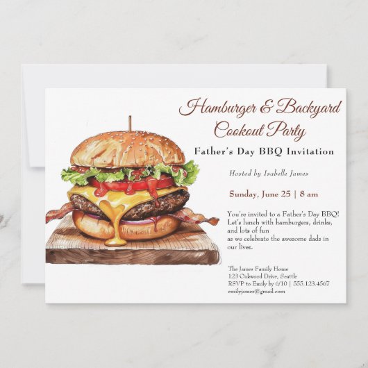 Uitnodiging voor Vaderdag BBQ – sappige hamburger (Voorkant)