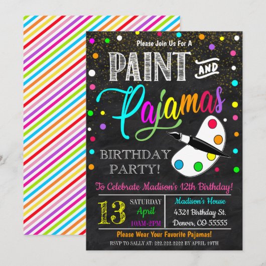 Uitnodiging voor verf- en pyjamafeestje (Voorkant / Achterkant)