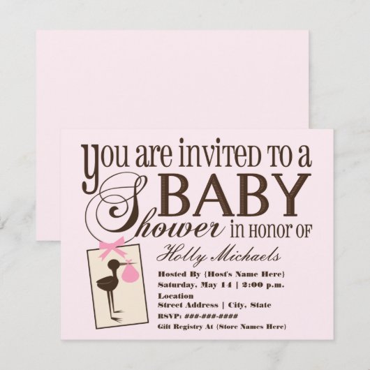 Uitnodiging voor verfijnd Baby shower Stork Pink (Voorkant / Achterkant)