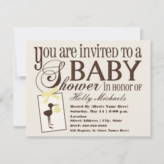 Uitnodiging voor verfijnde Stork Yellow Baby showe (Voorkant)
