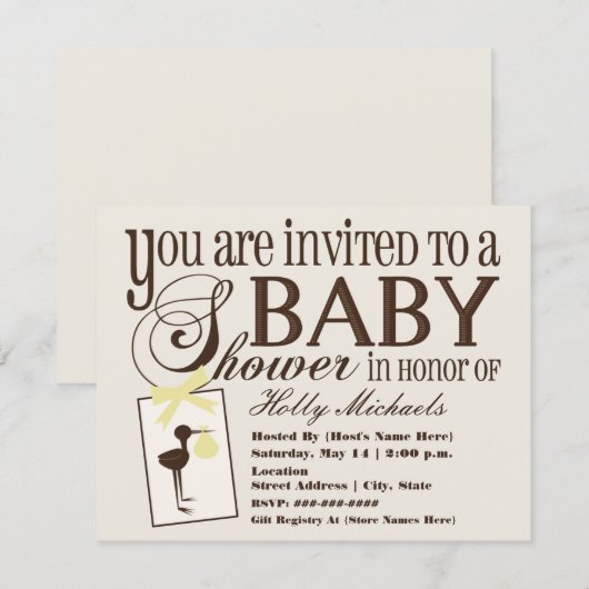 Uitnodiging voor verfijnde Stork Yellow Baby showe (Voorkant / Achterkant)