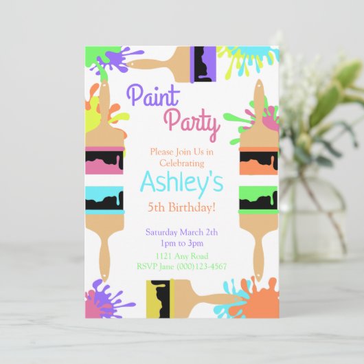 Uitnodiging voor verfpaintparty, kunstparty, verja (Staand voorkant)