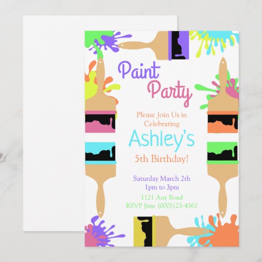 Uitnodiging voor verfpaintparty, kunstparty, verja (Voorkant / Achterkant)