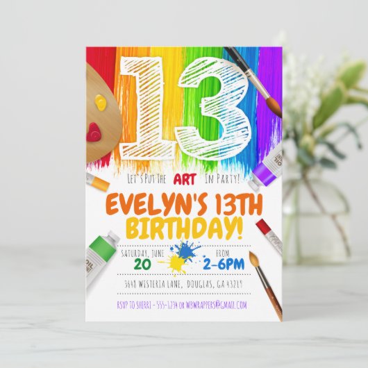 Uitnodiging voor verfschilderfeest, kunst verjaard (Staand voorkant)