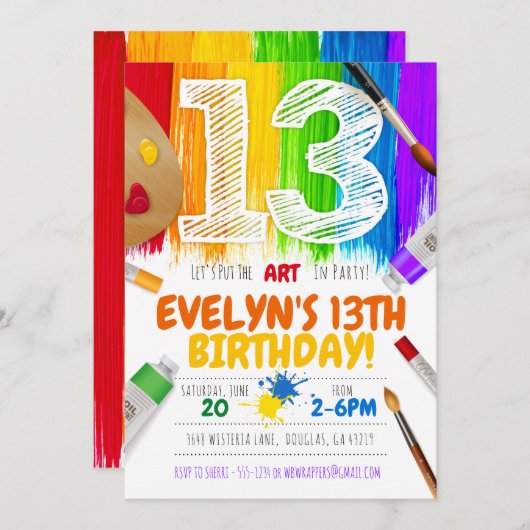 Uitnodiging voor verfschilderfeest, kunst verjaard (Voorkant / Achterkant)