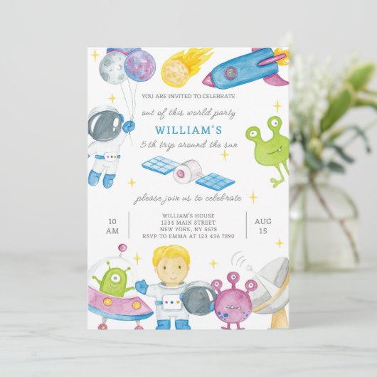 Uitnodiging voor verjaardag astronaut (Staand voorkant)