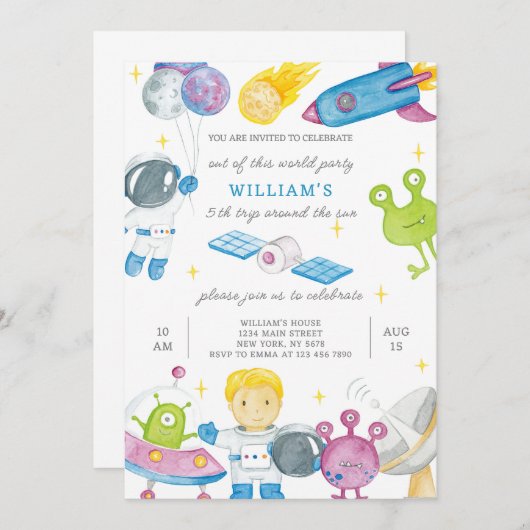 Uitnodiging voor verjaardag astronaut (Voorkant / Achterkant)