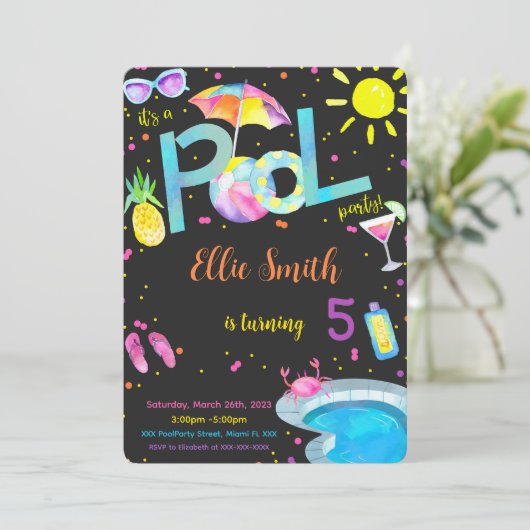 Uitnodiging voor verjaardag bewerkbare pool (Staand voorkant)