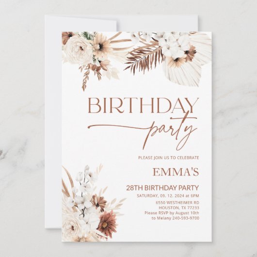 Uitnodiging voor verjaardag Boho Pampas (Voorkant)