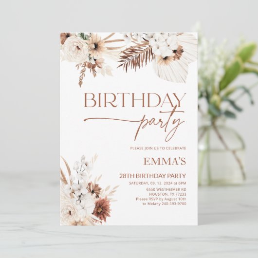 Uitnodiging voor verjaardag Boho Pampas (Staand voorkant)