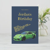 Uitnodiging voor verjaardag groene sportwagen (Staand voorkant)