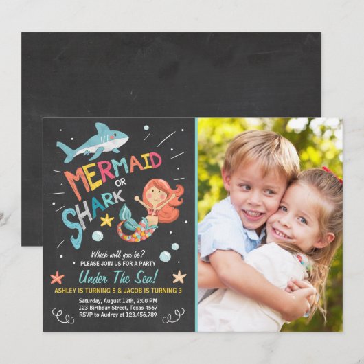 Uitnodiging voor verjaardag haai of zeemeermin gez (Voorkant / Achterkant)