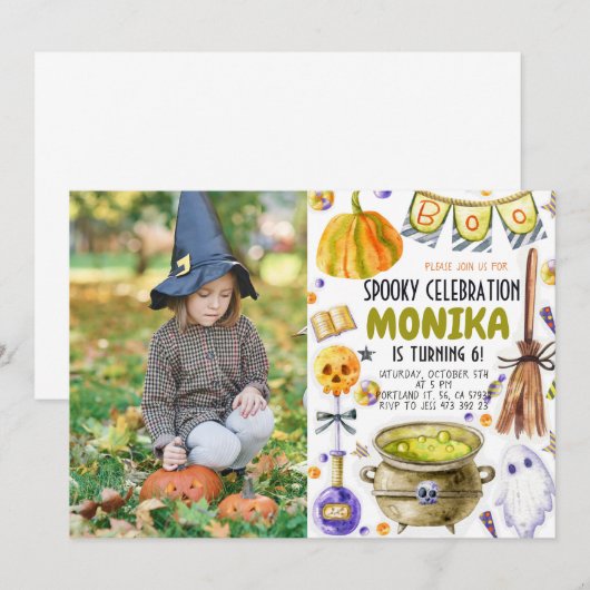 Uitnodiging voor verjaardag Halloween Heks Ketel (Voorkant / Achterkant)