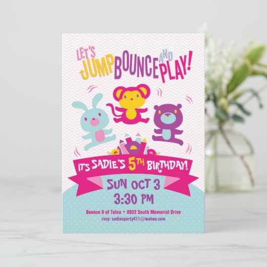Uitnodiging voor verjaardag *Jump, Bounce & Play* (Staand voorkant)