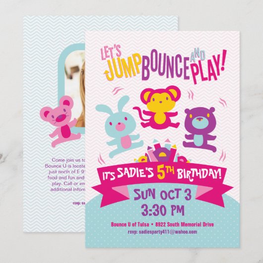 Uitnodiging voor verjaardag *Jump, Bounce & Play* (Voorkant / Achterkant)