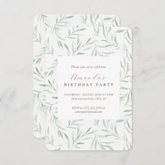 Uitnodiging voor verjaardag met delicate groene bl (Voorkant / Achterkant)