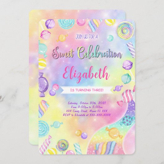 Uitnodiging voor verjaardag met eetbare snoepjes (Voorkant / Achterkant)