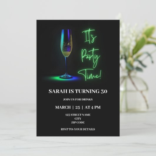 Uitnodiging voor verjaardag met neon-thema (Staand voorkant)