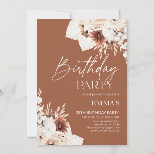 Uitnodiging voor verjaardag Terracotta Boho Pampas (Voorkant)