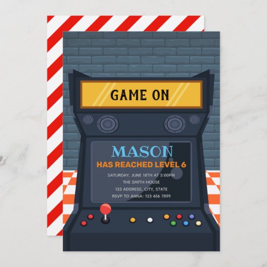 Uitnodiging voor verjaardag van arcade-spel (Voorkant / Achterkant)