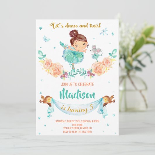 Uitnodiging voor verjaardag van Ballerina (Staand voorkant)