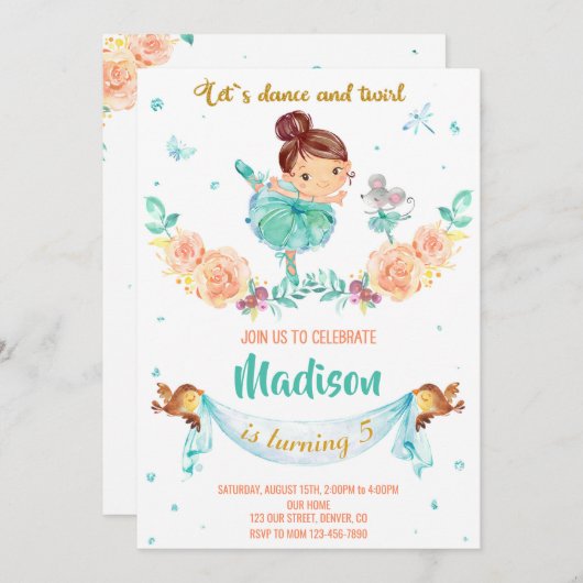 Uitnodiging voor verjaardag van Ballerina (Voorkant / Achterkant)