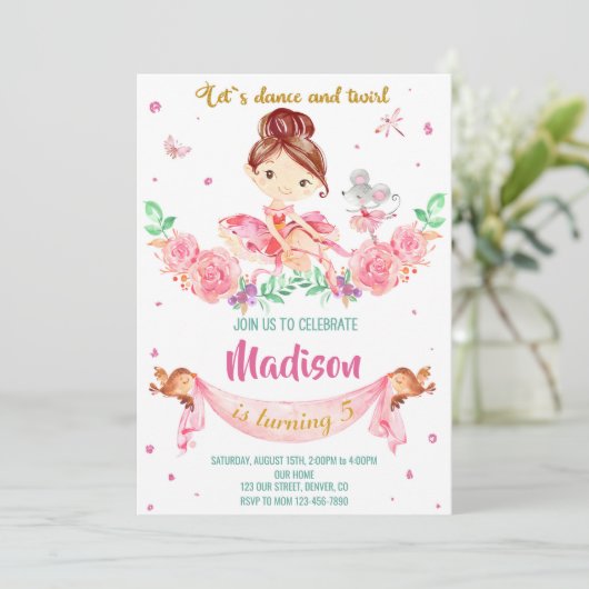 Uitnodiging voor verjaardag van Ballerina (Staand voorkant)