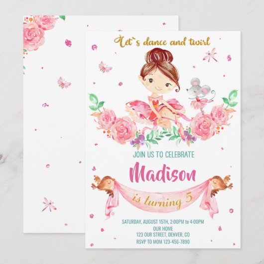 Uitnodiging voor verjaardag van Ballerina (Voorkant / Achterkant)