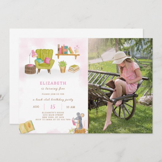 Uitnodiging voor verjaardag van bibliotheek met fo (Voorkant / Achterkant)