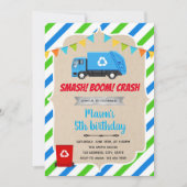 Uitnodiging voor verjaardag van blauwe vuilniswage (Voorkant)