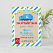 Uitnodiging voor verjaardag van blauwe vuilniswage (Staand voorkant)