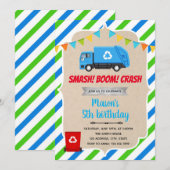 Uitnodiging voor verjaardag van blauwe vuilniswage (Voorkant / Achterkant)