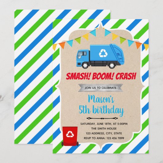 Uitnodiging voor verjaardag van blauwe vuilniswage (Voorkant / Achterkant)
