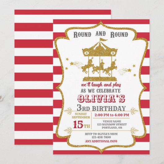 Uitnodiging voor verjaardag van Carrousel (Voorkant / Achterkant)