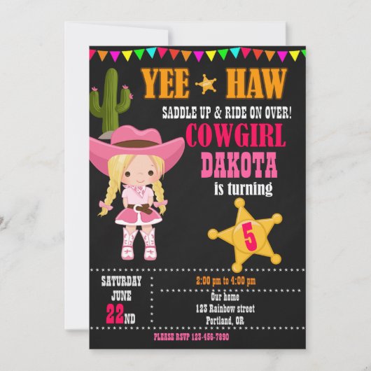 Uitnodiging voor verjaardag van Cowgirl Land Weste (Voorkant)