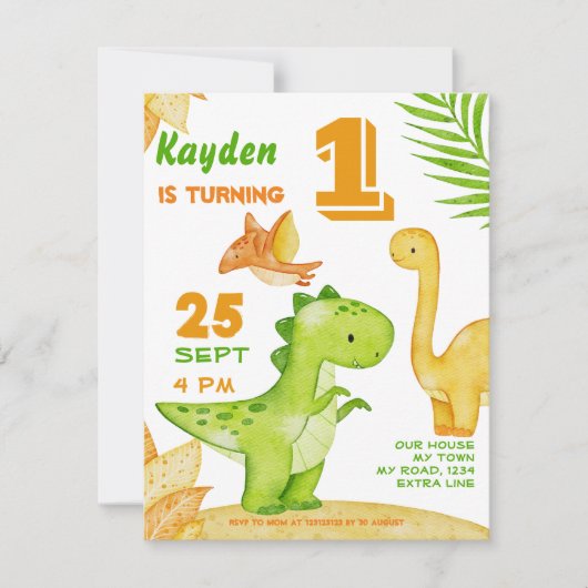 Uitnodiging voor verjaardag van Dinosaur (Voorkant)