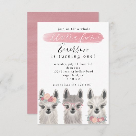 Uitnodiging voor verjaardag van Floral Llama (Voorkant / Achterkant)