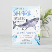 Uitnodiging voor verjaardag van haai, uitnodiging  (Staand voorkant)