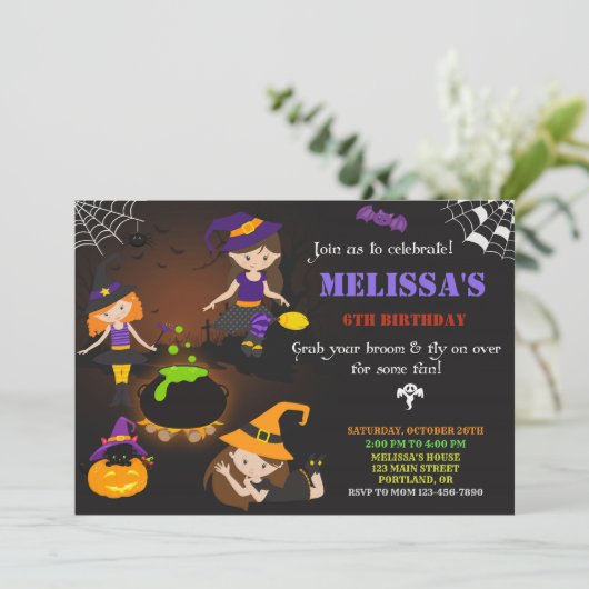 Uitnodiging voor verjaardag van Halloween Witch sa (Staand voorkant)