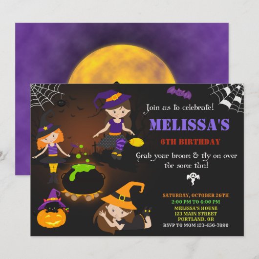 Uitnodiging voor verjaardag van Halloween Witch sa (Voorkant / Achterkant)