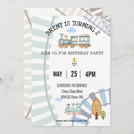 Uitnodiging voor verjaardag van het treinthema (Voorkant / Achterkant)