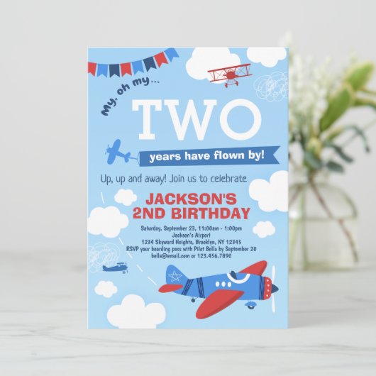 Uitnodiging voor verjaardag van het vliegtuig omho (Staand voorkant)