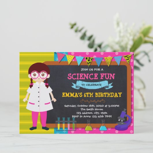 Uitnodiging voor verjaardag van juffrouw wetenscha (Staand voorkant)