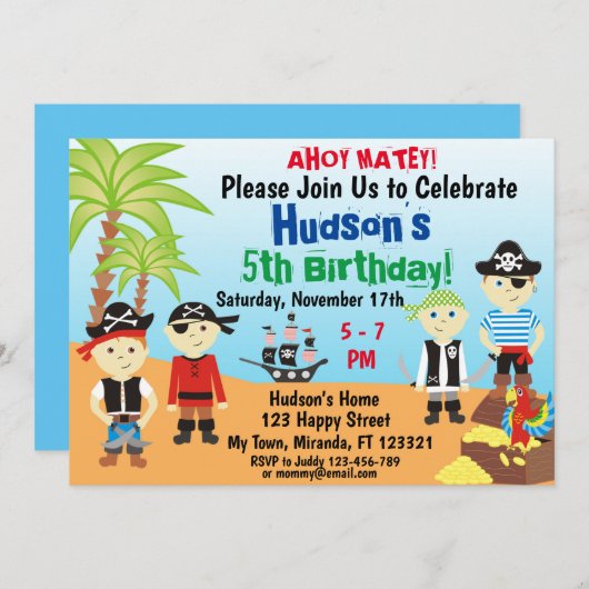 Uitnodiging voor verjaardag van Little Pirate Boys (Voorkant / Achterkant)