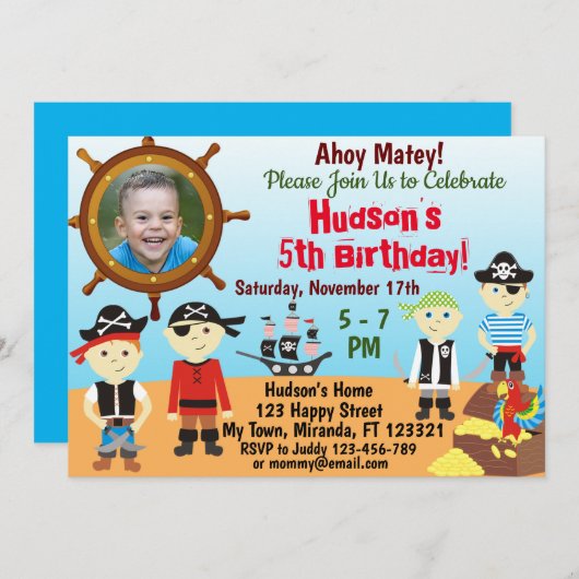 Uitnodiging voor verjaardag van Little Pirate Boys (Voorkant / Achterkant)